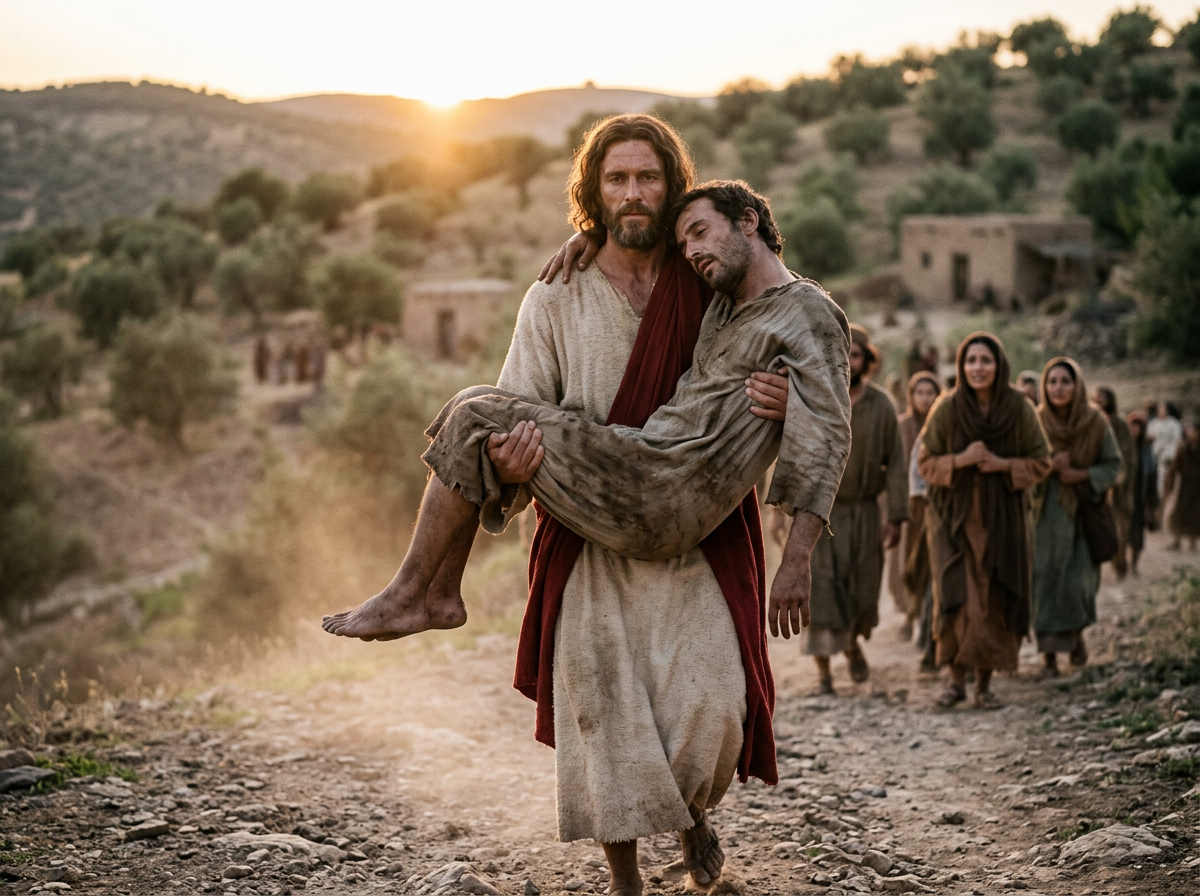 Man carrying an injured person walking on a rocky path with others following behind at sunset