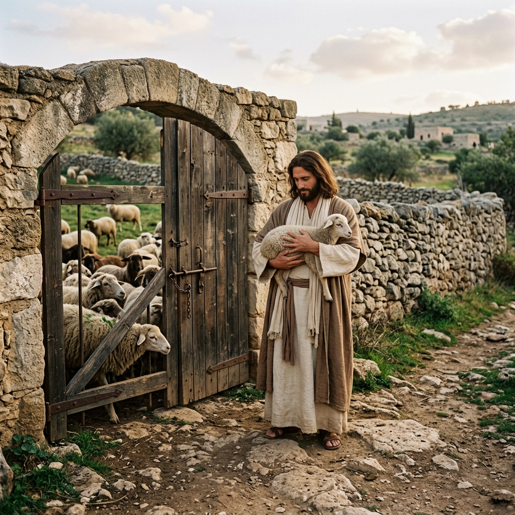 Jesus holding lamb outside closed gate, sheep inside